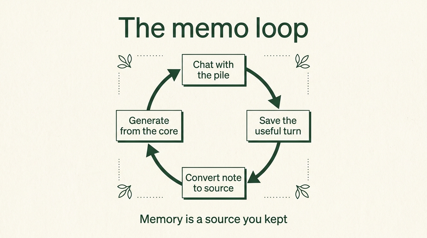 The memo loop: chat, save, convert note to source, generate