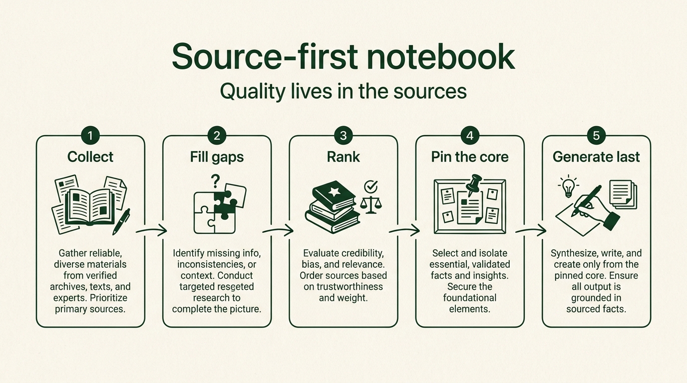 Source-first notebook: Collect, fill gaps, rank, pin the core, generate last