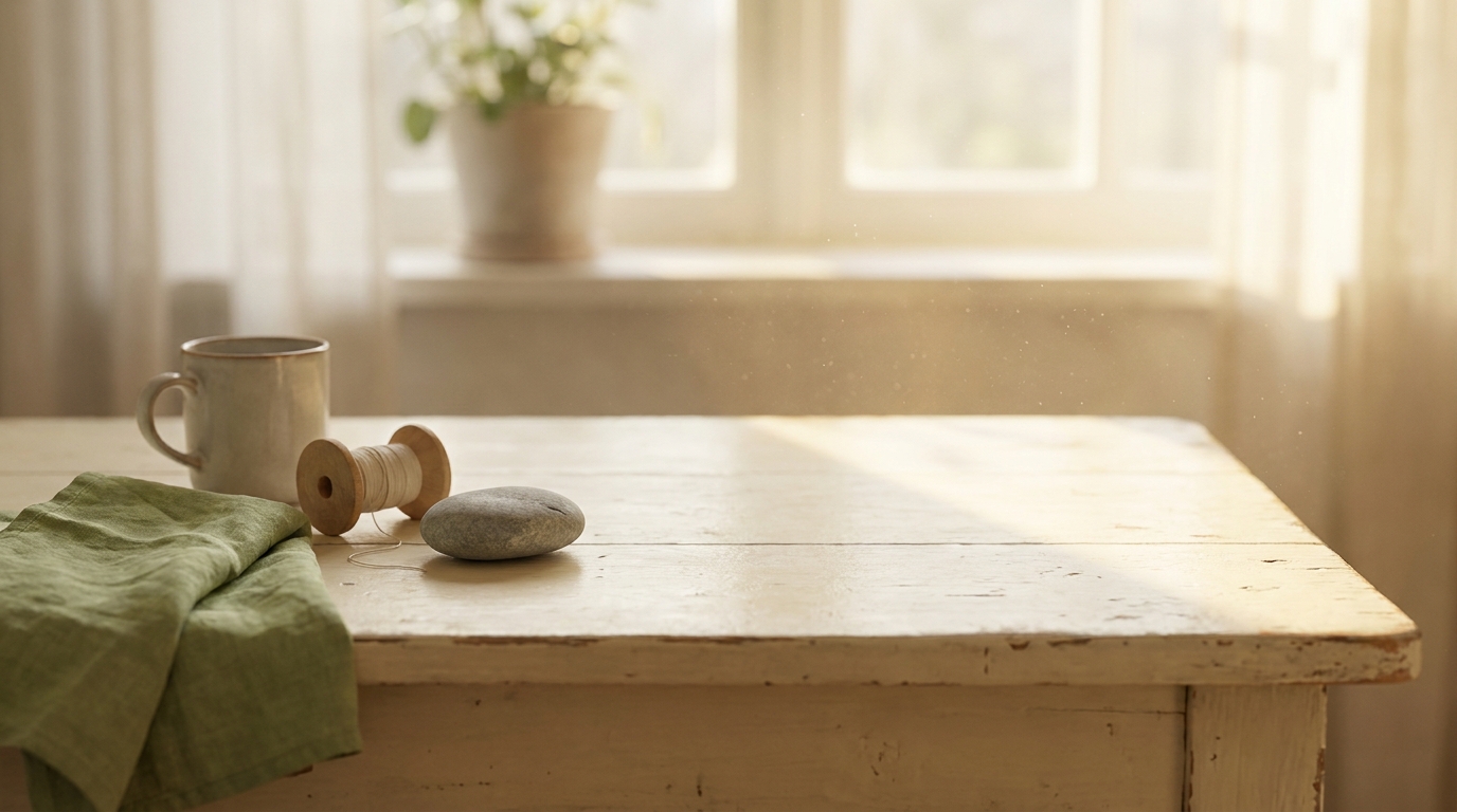 A morning table with objects pushed aside, leaving a clear space in the light