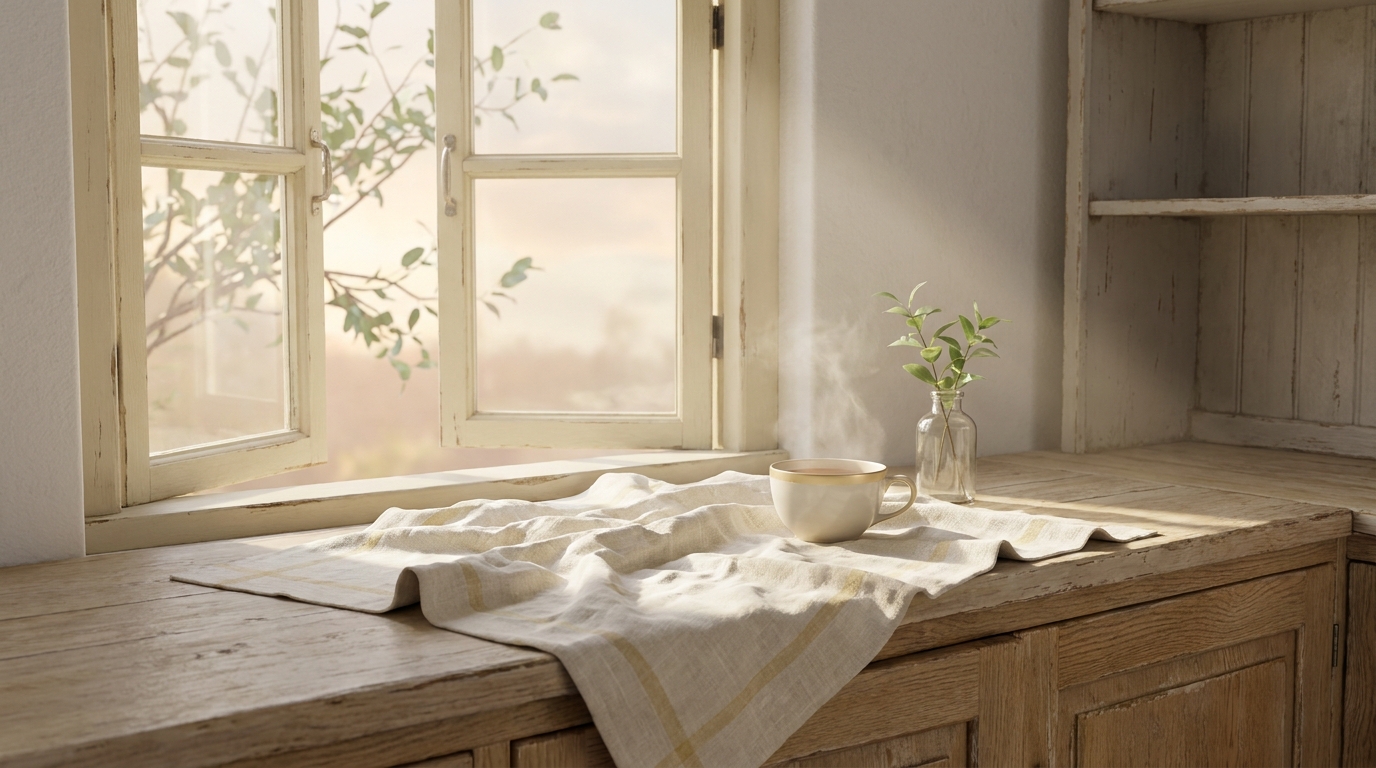 An open window, a work cloth, and tea on a wooden counter