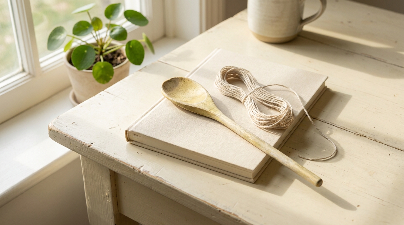 A notebook, a wooden spoon, and thread overlapping on a sunlit table