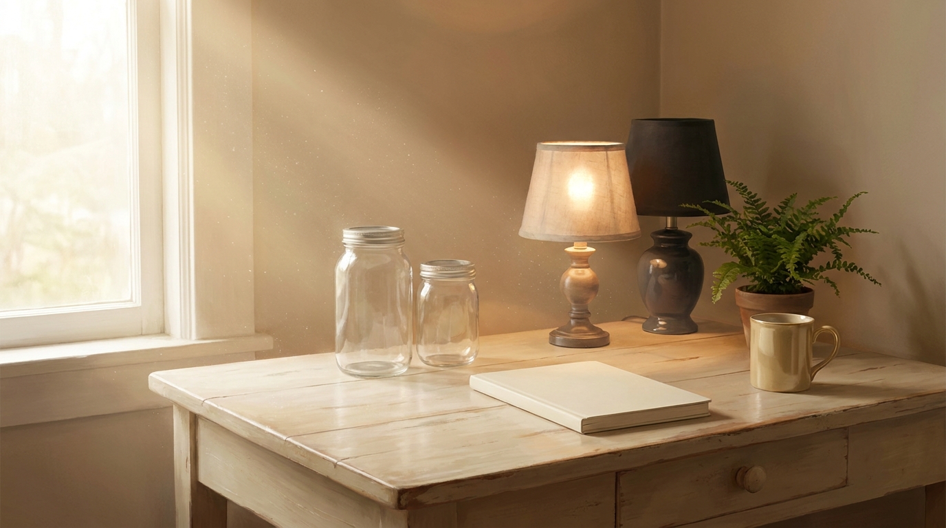 Two unlabeled jars and a blank notebook beside one lit lamp