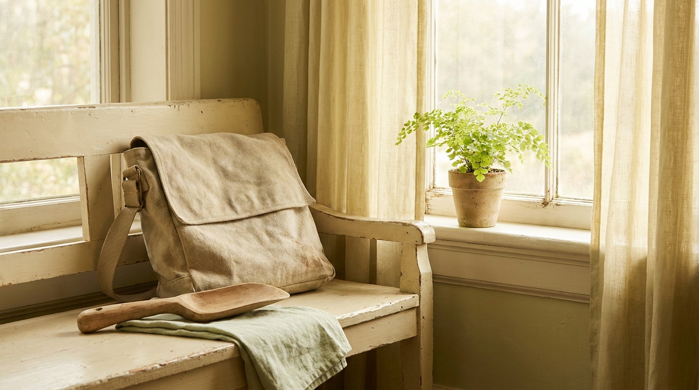 A worn cloth bag, a wooden tool, and folded cloth in morning light